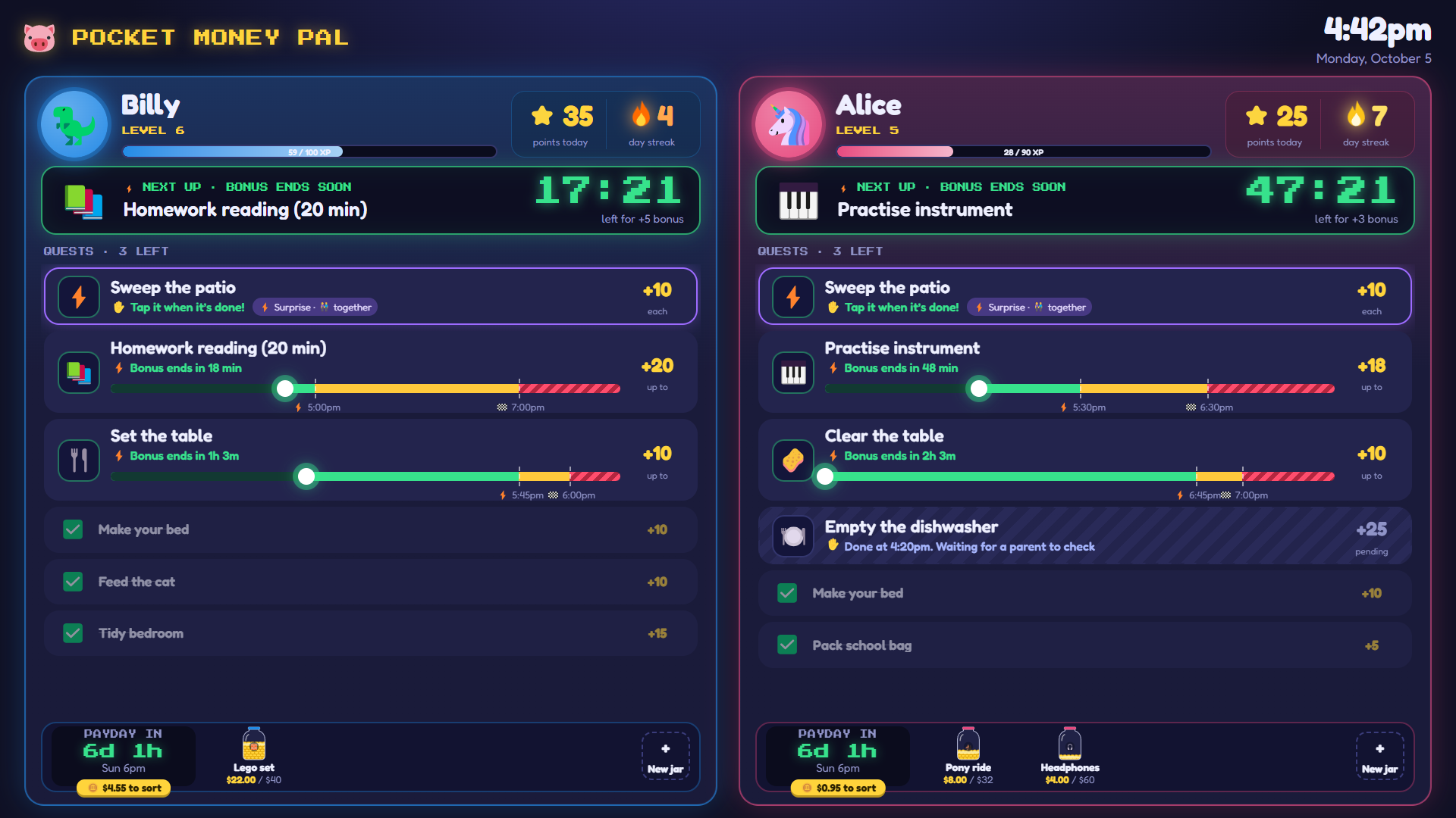 The kids' screen: a column per child with today's quests and their time windows