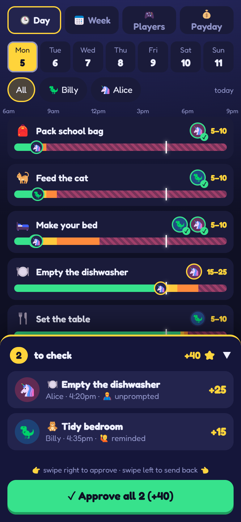 A parent's phone approving finished chores