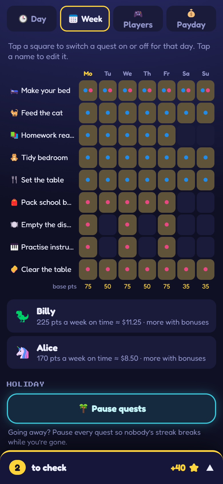 Planning the week's quests on a parent's phone